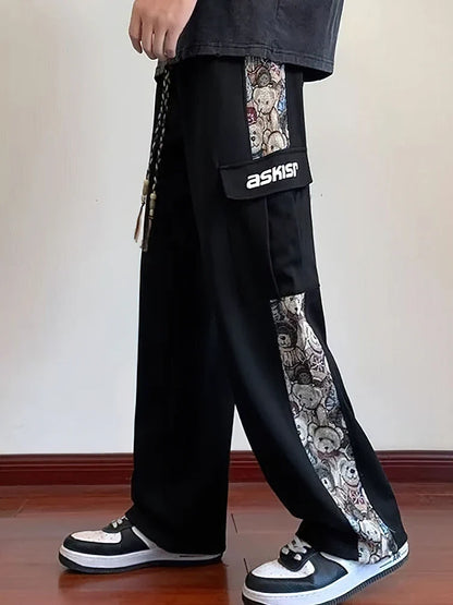Japanese Anime Wide leg Straight Cargo Pants Men Streetwear Baggy Long Trousers Cotton Casual Patchwork Student 2023 New