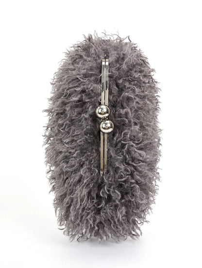 Women kisslock Faux Fur Clutch bag winter warm dark grey pouch frame clasp bag with chain crossbody