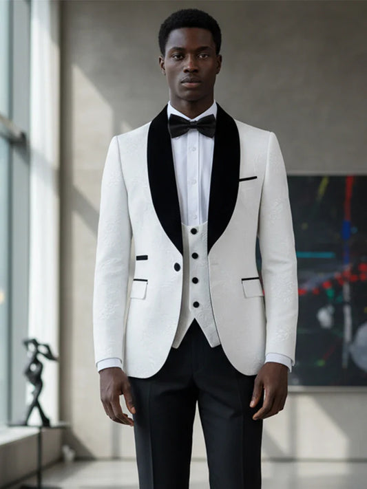 High Quality White Party Outfit for Man Luxury Retro Carving Slim Fit Tuxedo Prom Suit Fashion Male Groom Wedding