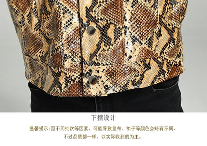 Autumn Short Handsome Cool Colorful Snakeskin Print Pu Leather Jacket Men Luxury European Style Clothes 2023 EU Size