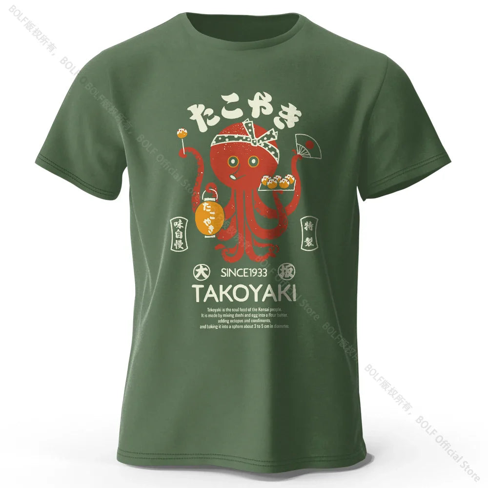 Japanese Octopus Chef Printed 100% Cotton T-Shirt, Soft & Breathable Round Neck Short Sleeve Tee, Unisex Fun & Cultural Style
