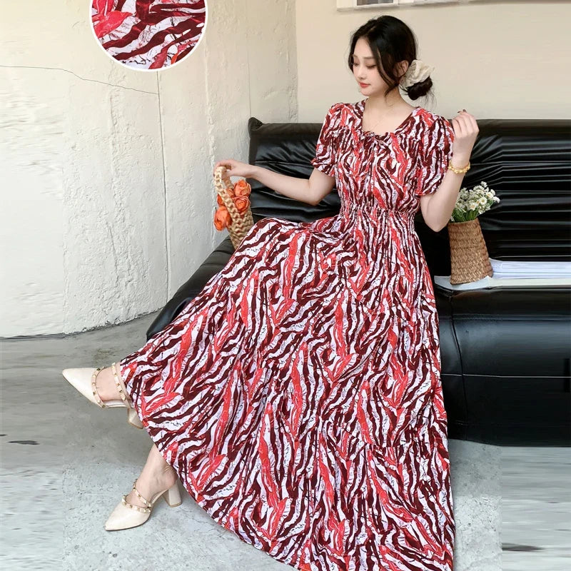 Summer New Cotton Silk Floral Print Maxi Dr ort Sve Beachwear High Waist Young Women's Large Skirt Swing Dr