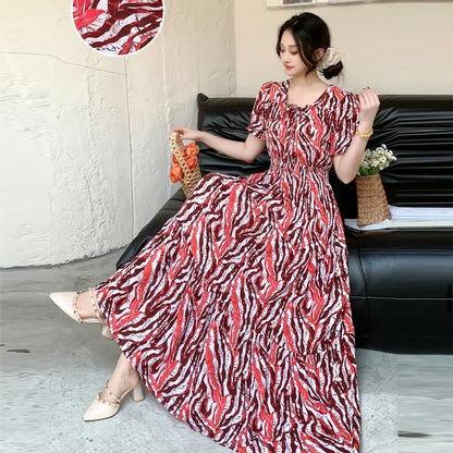 Summer New Cotton Silk Floral Print Maxi Dr ort Sve Beachwear High Waist Young Women's Large Skirt Swing Dr