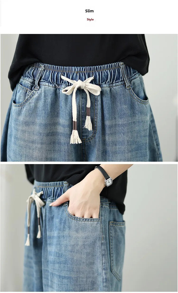 Casual High Waist Wide Leg Jeans Women's Loose Fit Slimming Summer Thin Sle Lantern Pants  Lyocell Fabric Water Wa