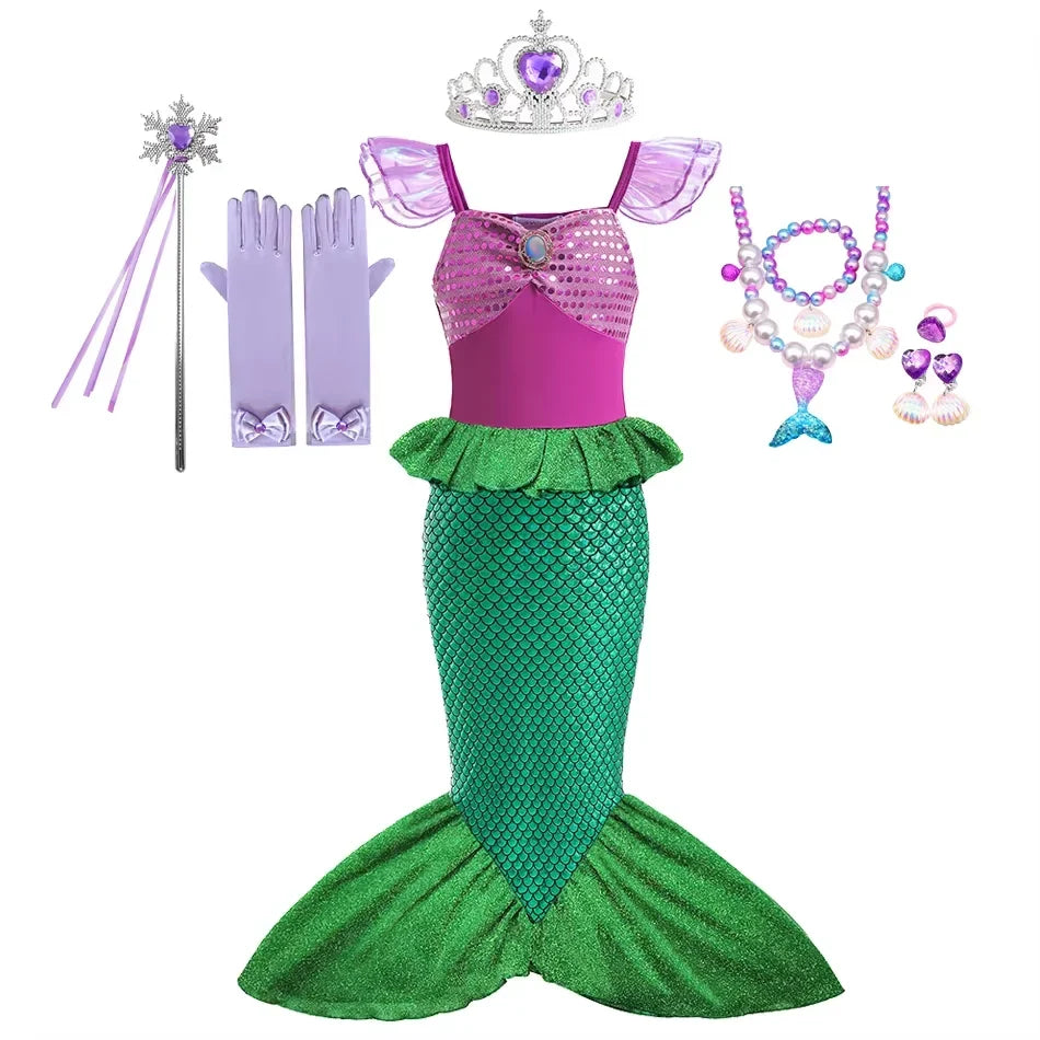 Ariel Little Mermaid Short Sleeve Tulle Dress for Girls Cosplay Princess Costume Carnival Birthday Party Outfit 2-8Y Vestido