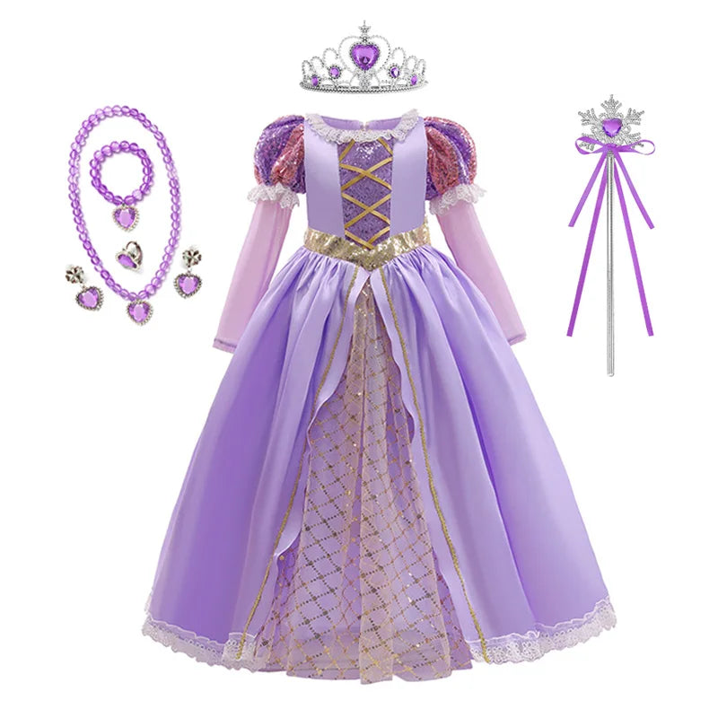 Princess Dress for Girls Tangled Cosplay Costume Kids Halloween Christmas Carnival Birthday Party Fancy Clothes