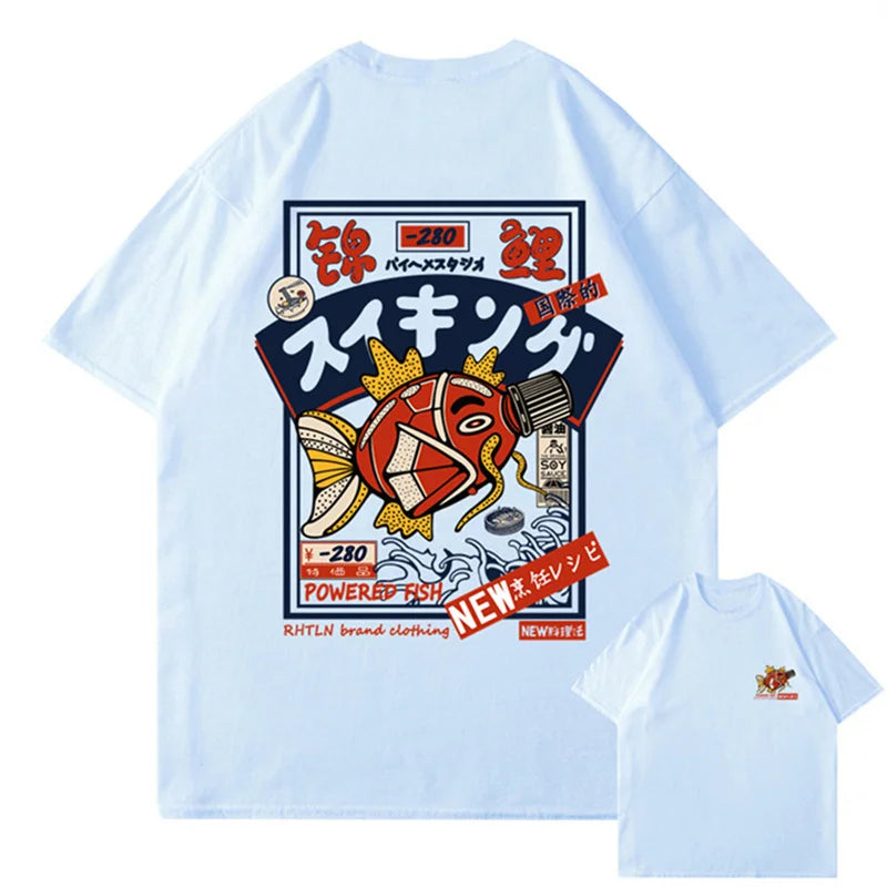 Hip Hop Streetwear Harajuku T-shirt Japanse Kanji Fish Print T-shirt 2024 Mannen Katoen Casual Korte Mouw T-shirt Japan Stijl