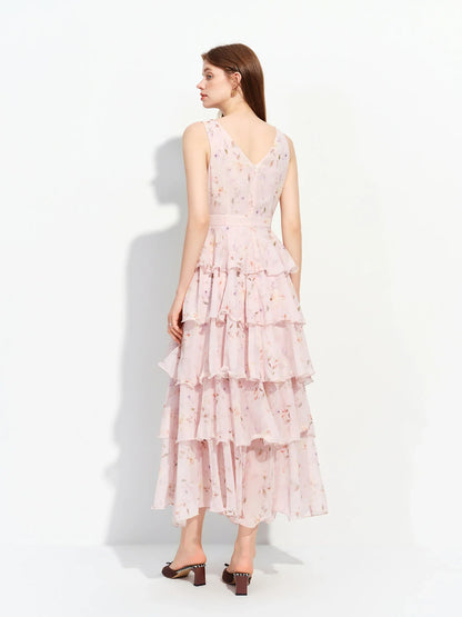 2026 Summer French-Inspired Floral Ruffle Hem Sleeveless V-Neck Tiered Maxi Dress - Romantic for Vacation and Daily Wear
