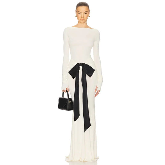 Evening Gown For Wedding Mermaid O Neck Formal Party Dress Floor Length Long Sleeves Prom Dress With Black Bow Saudi Dress