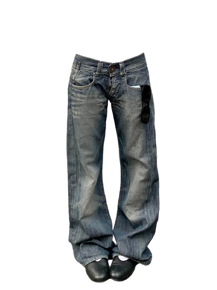2025 Autumn Winter Women's Low Rise Denim Pants Vintage Simple Y2K Baggy Wide Fit Jeans Harajuku Cowboy Streetwear 2000s Japanes