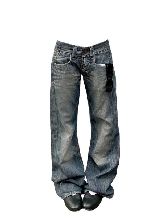 2025 Autumn Winter Women's Low Rise Denim Pants Vintage Simple Y2K Baggy Wide Fit Jeans Harajuku Cowboy Streetwear 2000s Japanes