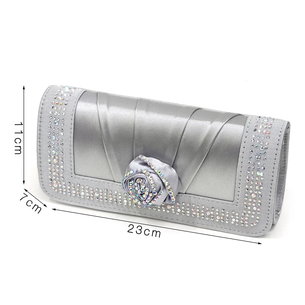 Sparkling Rhinestone Rose Pumps With Medium Heel for Nigerian Women's Party, Pointed Toe Shoes and Matching Bags