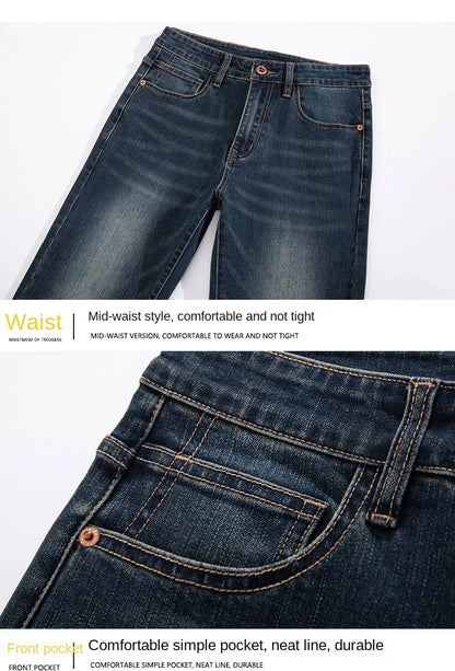 2025 New High-end High-quality Denim Double-core Cotton Elastic Jeans Retro Nostalgic Men's Straight-fit Trousers