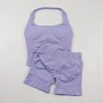 Seamless Yoga Set Womens Backless Halter Tank Top Ribbed Waist Gym Shorts 2 Piece Sets Women Outfit Workout Clothes