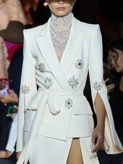 HIGH STREET Newest Fashion 2026 Designer Jacket Women's Slit Sleeve Rhinestone Diamonds Beading Belted Blazer