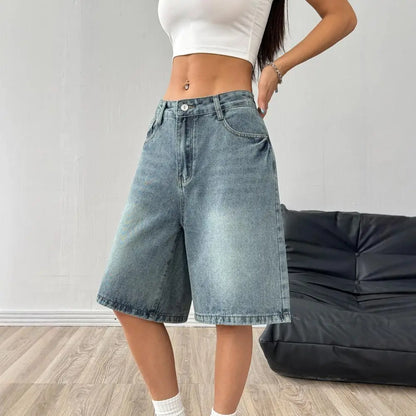 Women's Bermuda Summer Jean Shorts High Waisted Knee Length Baggy Jorts Wide Leg Breathable  Loose Denim Shorts with Pockets
