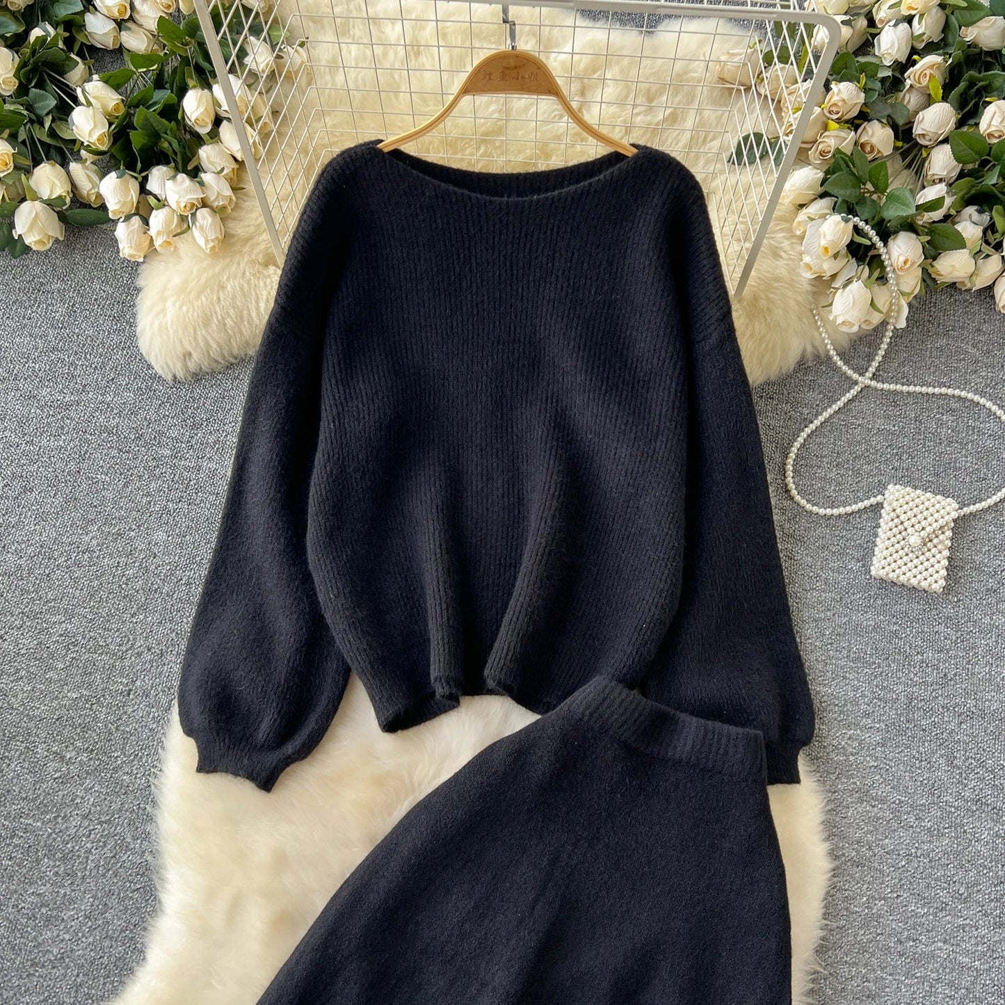 Autumn Casual Two Pieces Sets Women O-Neck Loose Knitting Top+Elastic Waist Large Swing Skirt Basic Korean Winter Sets