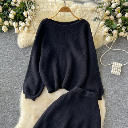 Autumn Casual Two Pieces Sets Women O-Neck Loose Knitting Top+Elastic Waist Large Swing Skirt Basic Korean Winter Sets