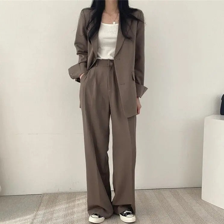 Casual Notch Lapel Suit Set with Button Thick Wide Leg Small Suit Pants High Waist Drape Polyester Business Lady Style Women