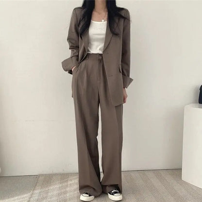 Casual Notch Lapel Suit Set with Button Thick Wide Leg Small Suit Pants High Waist Drape Polyester Business Lady Style Women