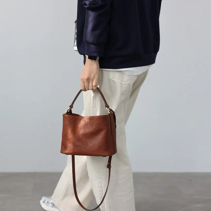 2024 New Arrival Genuine Leather Crossbody Bucket Bags Women Luxury Retro Small Handbag Soft Shoulder Bag