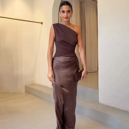 Patchwork Satin Sexy Dress Women One Shoulder Brown Sleeveless Evening Maxi Dress 2025 New Summer Elegant Party Clubwear Dresses