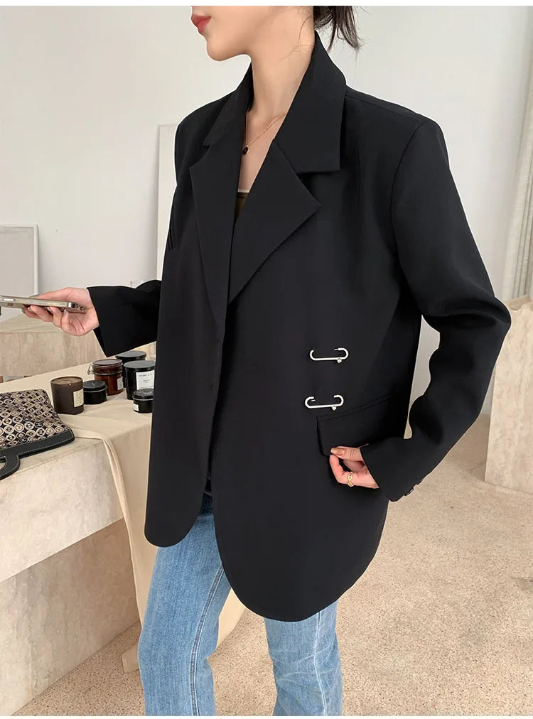 Women Black Oversize Casual Jacket New Lapel Long Sleeve Loose Blazer Fashion Pin Office Ladies Suits Coat Spring Autumn 2023