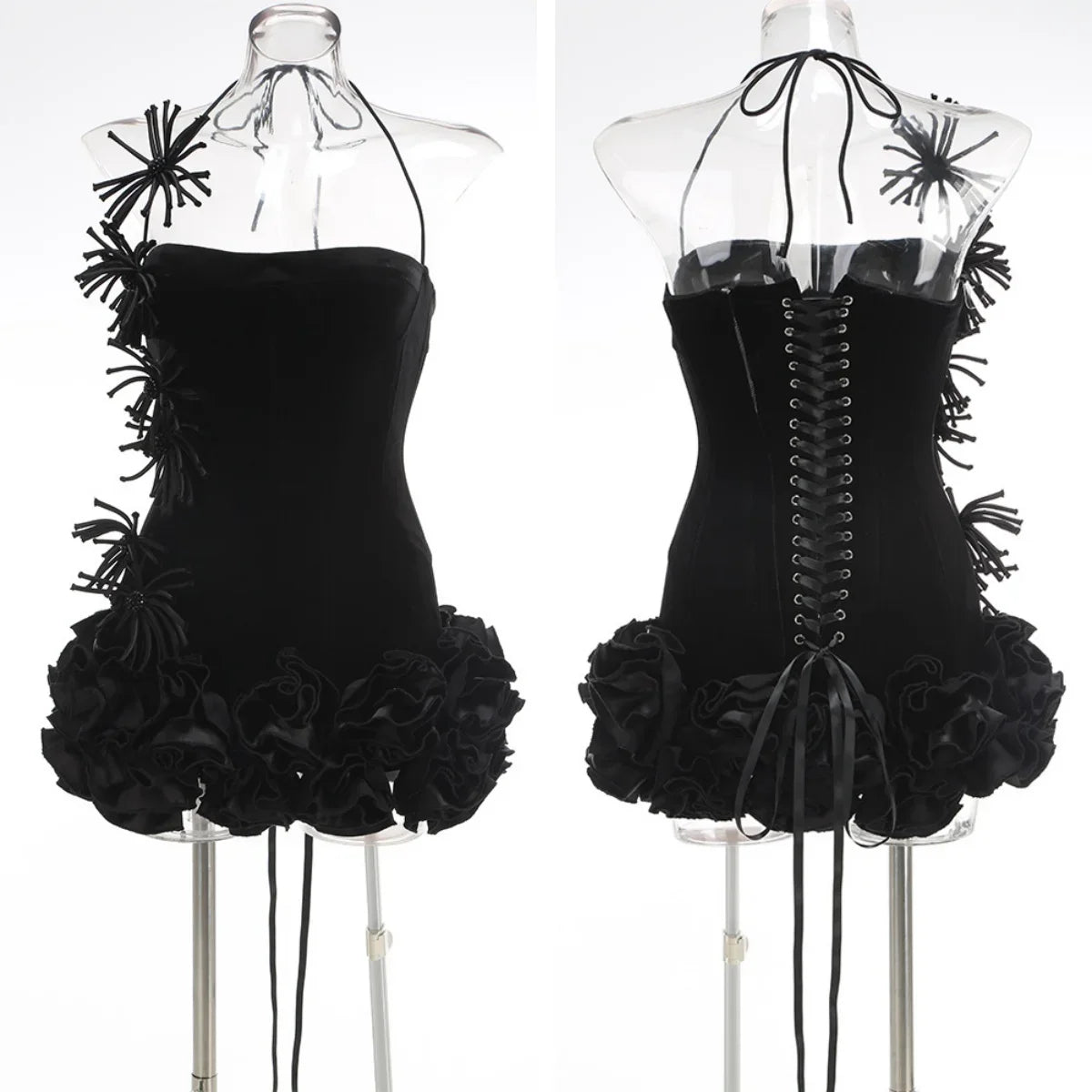 Halter Sleeveless Style Corset Mini Dress with Unique Embellishments for a Special Night Out Evening Gown