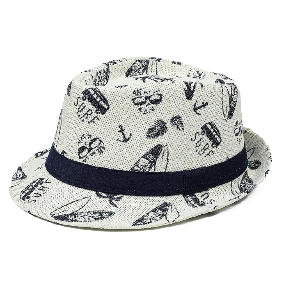 2026 Men's Breathable Straw Fedora Hat with Tropical Print UV Protection Beach Vacation Casual Jazz Cap for Summer