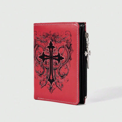 Gothic Red Unisex Wallet, Punk Cross Pattern Design, Zipper Coin Purse & Fashion Card Holder for Casual Daily Use