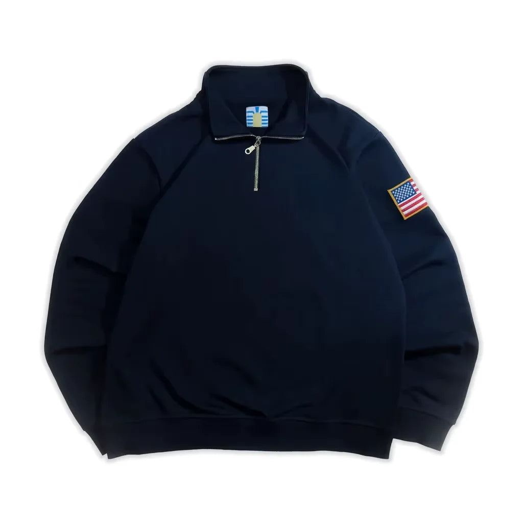 Y2K Navy Blue Quarter Zip Sweatshirt USA Embroidered American Flag Patch Jacket Men Women Vintage Streetwear Fashion Trend Top