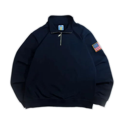 Y2K Navy Blue Quarter Zip Sweatshirt USA Embroidered American Flag Patch Jacket Men Women Vintage Streetwear Fashion Trend Top