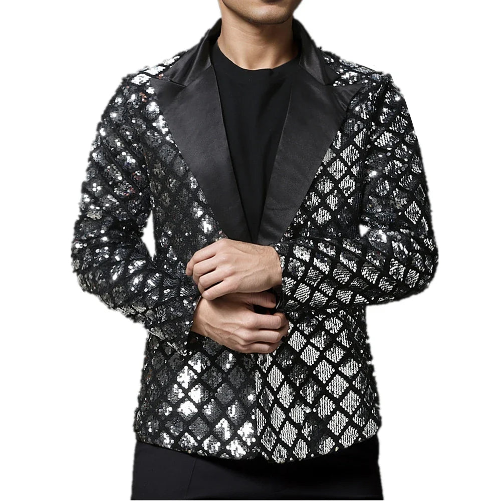 Men's Gold Suit Jacket, Wedding Party Dress Coat, Silver Blue Black Round Metallic Sequin Decoration Blazers.