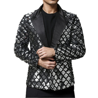 Men's Gold Suit Jacket, Wedding Party Dress Coat, Silver Blue Black Round Metallic Sequin Decoration Blazers.