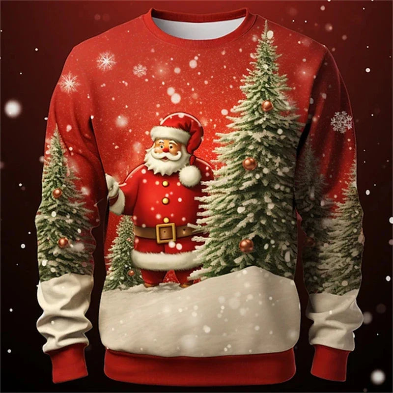 New Fun Christmas Long Sleeve T-Shirt Santa Claus Pattern Sweatshirt Men Role Play Pullover Boys Round Neck Polyester Sweatshirt