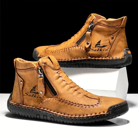 Men's Hand-Sewn High-Top Boots, Fashionable Side-Zip Casual Shoes, All-Season Outdoor Boots, Large Size Men's Shoes, Comfortable Bare Boots