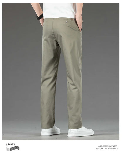 Spring Summer New Men's Casual Pants Thin Mulberry Silk Soft Business Casual Trousers Slim Straight Elastic Suit Pants Male