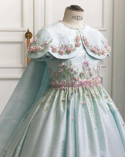 Custom Capelet 3D Floral Embroidery Flower Girl Dress For Wedding Birthday Party Pageant Gown Kids Formal Long Ball Gown With