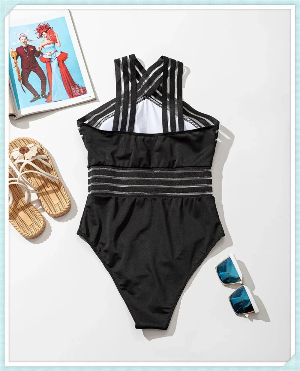 Solid Mesh Tape Swimsuit 2026 One Piece Sexy High Neck Swimwear Women Cross Front Bathing Suit Female Padded Beachwear Bodysuit