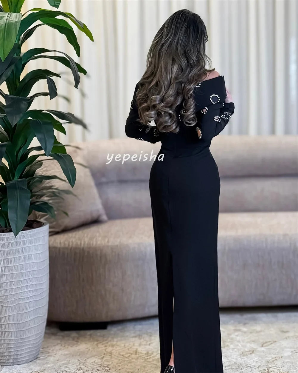 Customized Modern Style Fashion Jersey Rhinestone Pleat Straight Off-the-shoulder Long Dresses Bespoke Occasion Dresses Classic