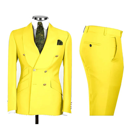 Lvory Shawl Lapel 2 Piece Suit Double Breasted Men's Jacket Pants with Gold Buttons Formal Wedding Groom Attire Prom Tuxedos
