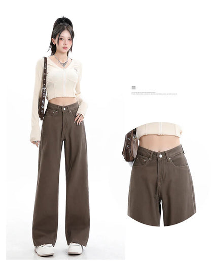 Baggy High Street Fashion Straight brown Jeans for Women's Y2k High Waist Female Clothing Solid Color Casual Wide Denim Trousers