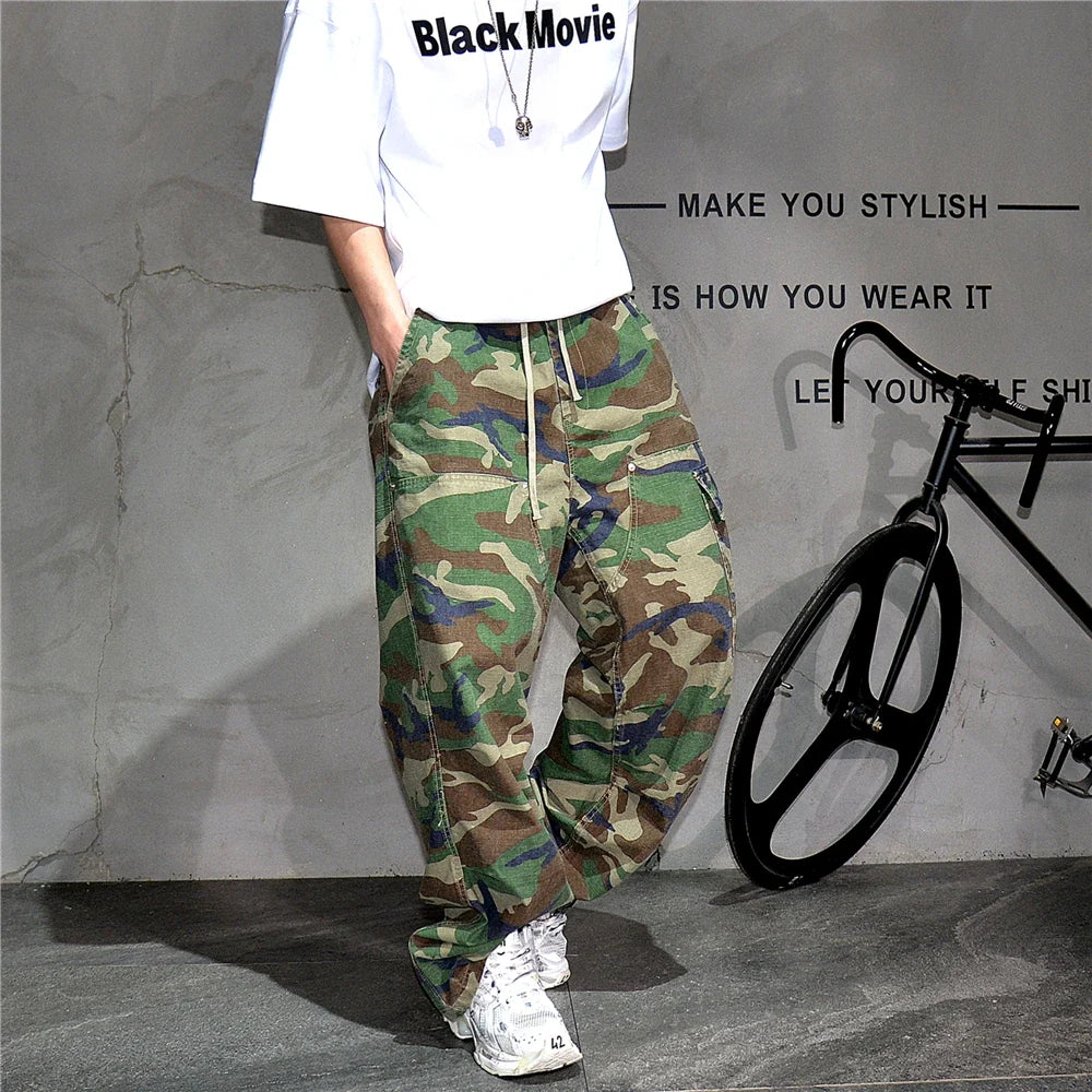 Mens American Tactical Cargo Pants Premium Camo Baggy Loose Fit Vintage Streetwear Korean Style Trendy Workwear Khaki Pants Male