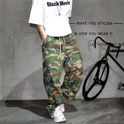 Mens American Tactical Cargo Pants Premium Camo Baggy Loose Fit Vintage Streetwear Korean Style Trendy Workwear Khaki Pants Male