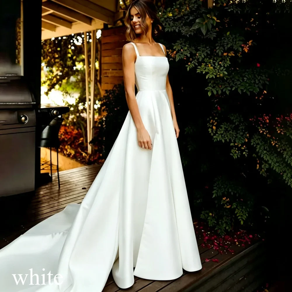 Classic Long White Wedding Dress A-Line Square Collar Spaghetti Straps Formal Pleat  Vintage Backless High Silt Grown Customized