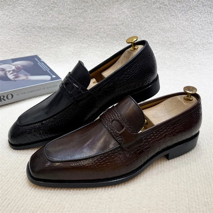 Luxury Men's Genuine Leather Dress Shoes Crocodile Print Wedding Loafers Double Buckle Business Office Formal Slip-On Shoes