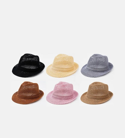 Mesh Hollow-Out Jazz Hat Summer Breathable Sun Protection Hat Straw Hat British Retro Casual Cool Hat