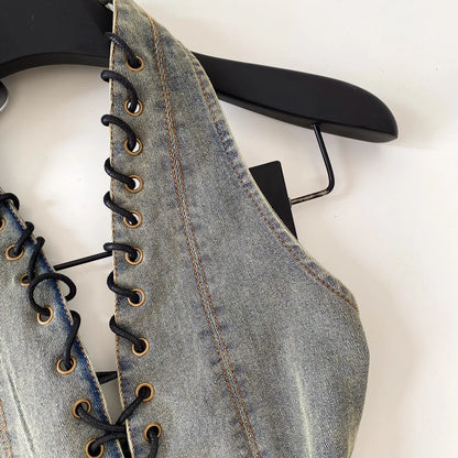 Night Club Denim Camis Female Summer Backless V Neck Lace Up Shirred Retro Halter Top Y2K Hot Girl Streetwear Tank Top