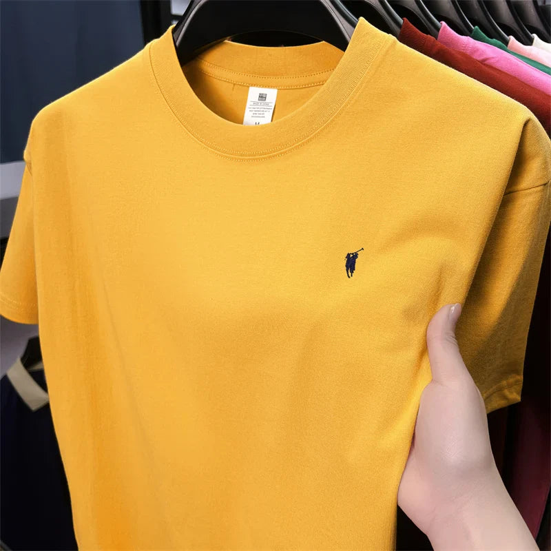 Xiaoma Embroidery Casual Pure Cotton Short Sleeved T-shirt for Young Men, Round Neck Solid Color T-shirt for Men