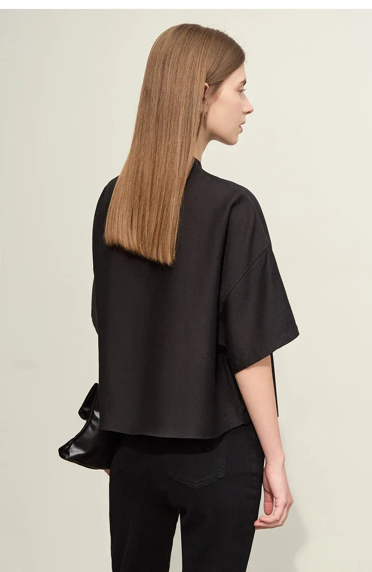 Minimalism 2025 Women Shirt Summer New Commuter Stand Collar Asymmetric Female Blouse Drop Shoulder Loose Tops 12422008